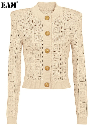 {EAM} Spring and autumn new long sleeve short round neck hollowed out sweater top fashion cardigan coat lady DLZ238
