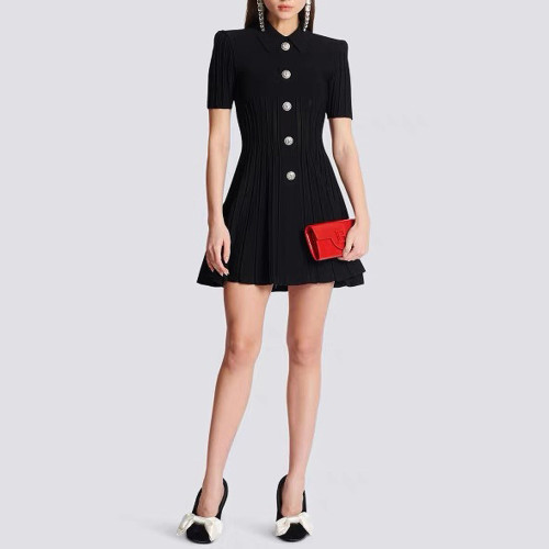 {EAM} Europe and the United States spring and autumn new fashion high quality knitted lapel slimming A-line dress DLZ244