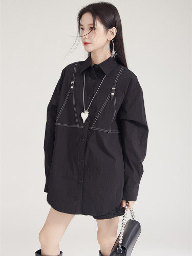[EAM] Women Black Topstitched Back Button Big Size Blouse New Lapel Long Sleeve Shirt Fashion Tide Spring Autumn 2024  1DH8032