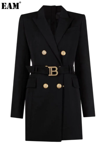 {EAM} Spring and autumn new fashion senior solid color belt long sleeve slim temperament commuter suit dress female spot DLZ237
