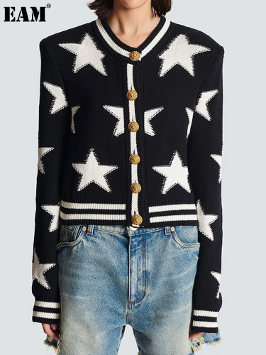 {EAM} Spring and autumn new Europe and the United States high quality sweater long sleeve crewneck cardigan woolen coat DLZ245