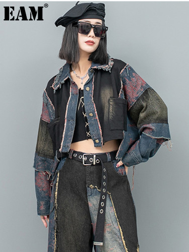 [EAM] Blue Denim Burr Color-block Big Size Short Jacket New Lapel Long Sleeve Women Coat Fashion Tide Spring Autumn 2024 1DH8081