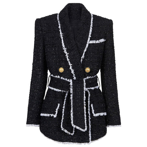 {EAM} High-end women's tweed waist slimming foreign trade source women's suit shorts set DLZ243