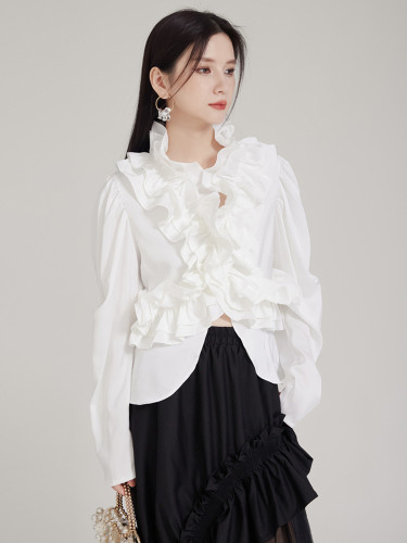 [EAM] Women White Irregular Elegant Short Blouse New Ruffles Collar Long Sleeve Shirt Fashion Tide Spring Autumn 2024 1DH8033