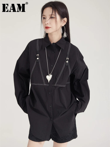 [EAM] Women Black Topstitched Back Button Big Size Blouse New Lapel Long Sleeve Shirt Fashion Tide Spring Autumn 2024  1DH8032
