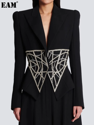 {EAM} Spring and autumn fashion new heavy industry nail bead set diamond waist slimming high-end quality women's suit jacket DLZ241