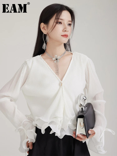 [EAM] Women White Pleated Ruffles Elegant Short Blouse New V-Neck Long Sleeve Shirt Fashion Tide Spring Autumn 2024  1DH8035