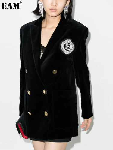 {EAM} Spring and Autumn new product temperament commuter suit collar senior slim medium length foreign trade velvet suit jacket DLZ246