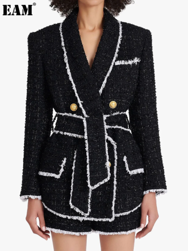 {EAM} High-end women's tweed waist slimming foreign trade source women's suit shorts set DLZ243
