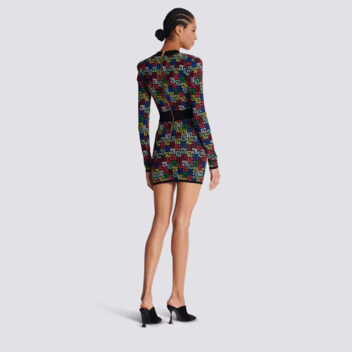 {EAM}Colorful jacquard sexy deep V-short dress, fashionable and hot socialite party dress DLZ257