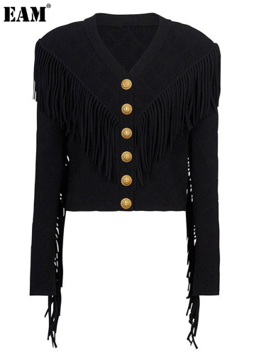 {EAM} Spring and autumn new high quality knitwear long sleeve V-neck fringe cardigan sweater sweater knitted coat