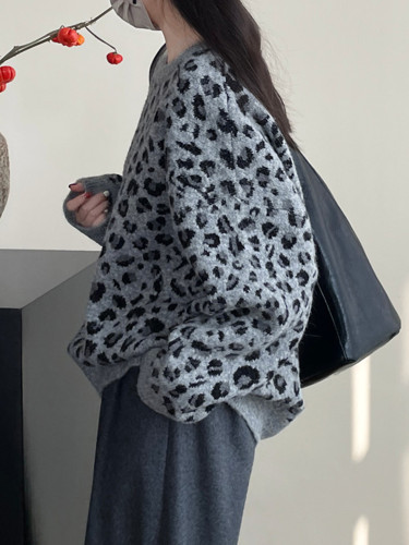 LANMREM Fashion Leopard Knitted Sweater Women's Round Neck Long Sleeves Pullover Tops Casual Autumn Winter New Clothing 2VV1846