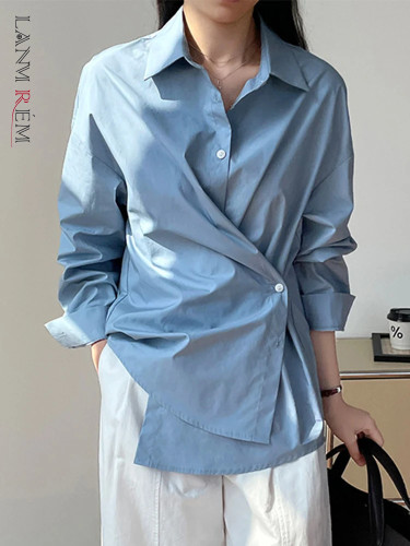 LANMREM Office Lady Solid Color Women's Shirt Lapel Irregular Single Breasted Folds Tops Versatile 2025 Spring New 2VV1848