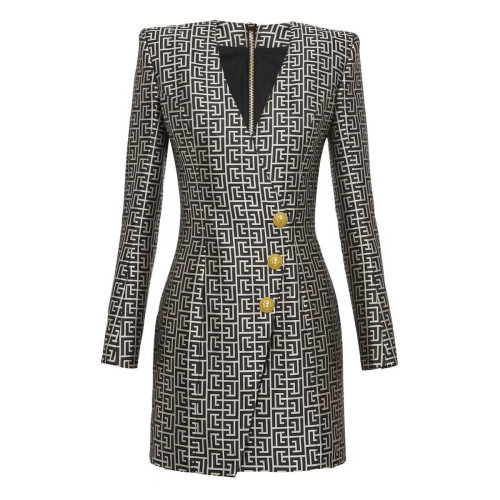 {EAM}Spring and autumn Europe and the United States new fashion jacquard fabric V-neck slimming three-button long-sleeved dress coat DLZ248
