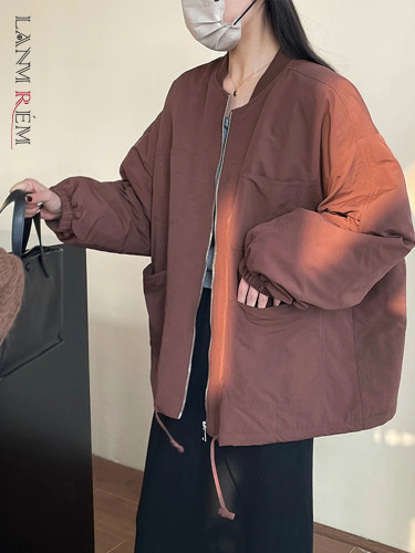LANMREM Fashion Winter Cotton Coat Women's Solid Color Long Sleeves Zipper Pockets Jackets 2024 New Female Clothing 2VV1851