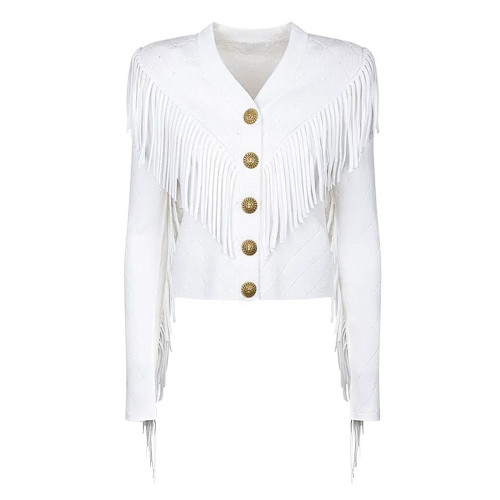 {EAM} Spring and autumn new high quality knitwear long sleeve V-neck fringe cardigan sweater sweater knitted coat