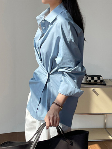 LANMREM Office Lady Solid Color Women's Shirt Lapel Irregular Single Breasted Folds Tops Versatile 2025 Spring New 2VV1848