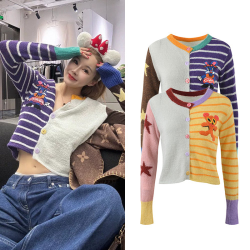 {EAM} Early autumn style contrast color embroidery cartoon pattern knitted cardigan slim slim fashion all matching niche top DLZ266