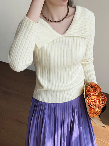 LANMREM Versatile Knitted V Neck Sweater Women's Solid Color Long Sleeves Pullover Tops Casual Autumn Winter New 2VV1845