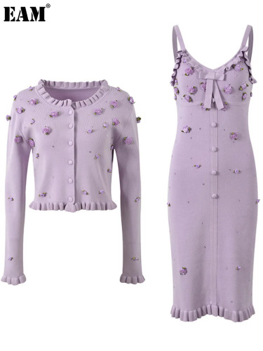 {EAM} French girl three-dimensional flower hot drill ear long sleeve knitted cardigan coat slim halter dress set DLZ260