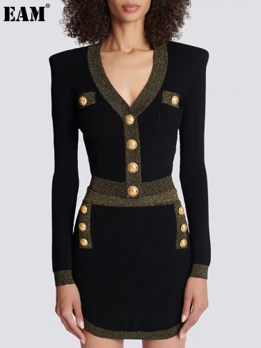 {EAM} Spring new long-sleeved V-neck sweater top fashion woolen cardigan all-matching coat DLZ256