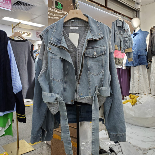 {EAM} Spring and autumn new Korean version of loose sleeveless denim vest vest denim sleeve splicing long sleeve sweater two-piece set  DLZ268