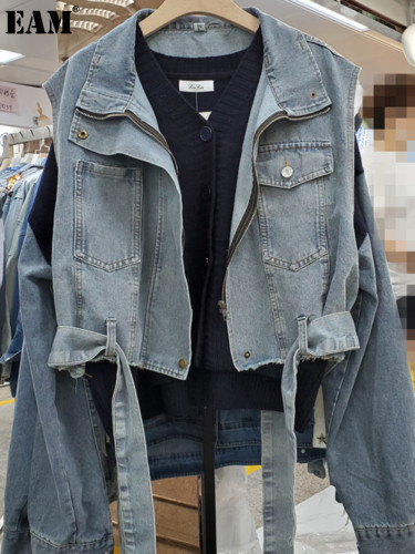 {EAM} Spring and autumn new Korean version of loose sleeveless denim vest vest denim sleeve splicing long sleeve sweater two-piece set  DLZ268