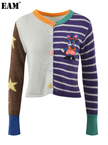 {EAM} Early autumn style contrast color embroidery cartoon pattern knitted cardigan slim slim fashion all matching niche top DLZ266
