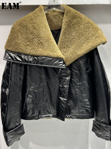 {EAM} Autumn and winter new European splicing coffee color lamb wool lapel clip cotton PU leather coat casual jacket thickened DLZ269