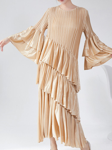 LANMREM High-end Round Neck Flared Sleeve Cake Dress Female Ruffles Long Pleated Dresses 2025 Spring New Elegant Clothes 2DB1598