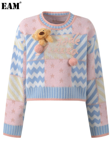 {EAM} Autumn and winter new jacquard rope embroidery hairball short sweater sweet age reduction round neck color contrast short sweater DLZ262
