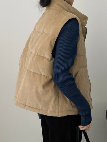 LANMREM Winter Warm Corduroy Cotton Vest Coat Women's Stand Collar Sleeveless Solid Color Single Breasted Clothing 2VV1842