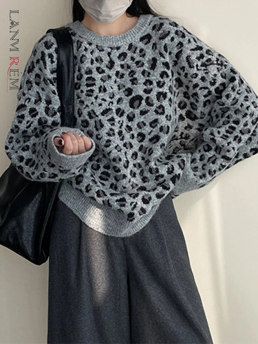 LANMREM Fashion Leopard Knitted Sweater Women's Round Neck Long Sleeves Pullover Tops Casual Autumn Winter New Clothing 2VV1846