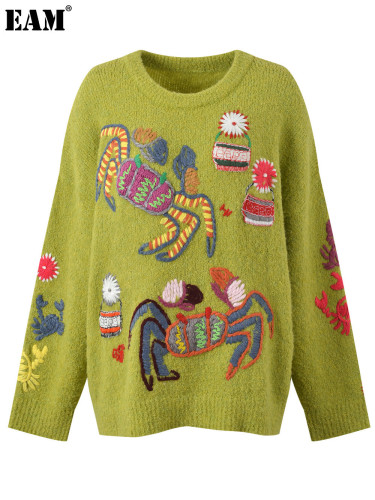 {EAM} Autumn and winter new lazy style round neck embroidery knitwear women retro temperament loose pullover sweater top DLZ261