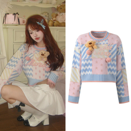 {EAM} Autumn and winter new jacquard rope embroidery hairball short sweater sweet age reduction round neck color contrast short sweater DLZ262