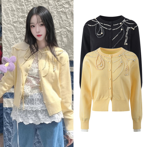 {EAM} Niche design sense bead chain decoration fashion blouse 2024 fall age slimming short knit cardigan DLZ264