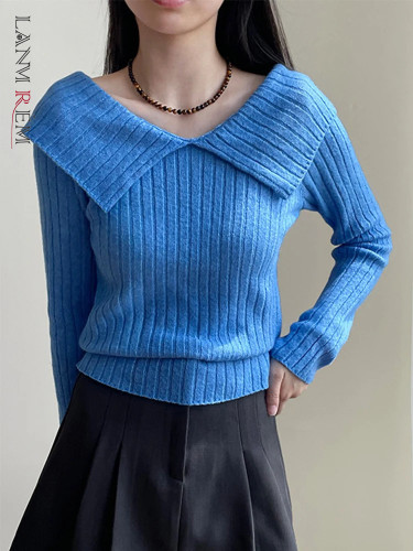 LANMREM Versatile Knitted V Neck Sweater Women's Solid Color Long Sleeves Pullover Tops Casual Autumn Winter New 2VV1845