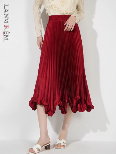LANMREM Ruffles Skirts Women High Waist Solid Color Luxury Party Clothing 2025 Spring New Pleated Skirt Ladies Elegant 2DB1595