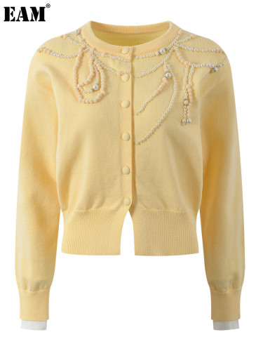 {EAM} Niche design sense bead chain decoration fashion blouse 2024 fall age slimming short knit cardigan DLZ264