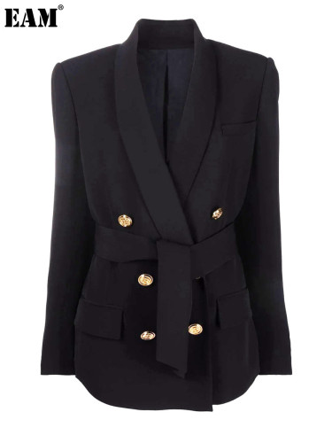 {EAM} Spring and autumn new high-end women's green fruit collar women's suit jacket top suit DLZ252