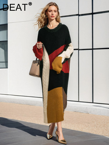 DEAT Fashion Women's Knitted Dress O-neck Contrast Color Loose Elastic Pullover Mid-calf Split Dresses Winter 2024 New CPDB101