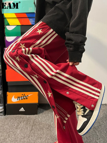 {EAM} European and American hiphop pants ins high street wine red breasted pants vibe style men and women design sense of three-bar pants DLZ272