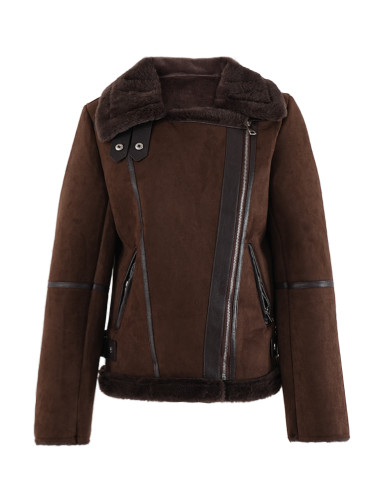 DEAT Fashion Women's Browm Fur Integrated Jacket Lapel Loose Zipper Long Sleeves Plush Thick Motorcycle Jackets Winter 2024 New