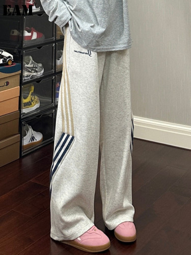{EAM} Autumn and winter new three bars sports sweatpants autumn and winter wide leg pants straight leg casual loose design DLZ277