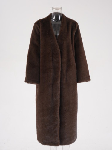 DEAT Fashion Women's Faux Fur Coat V-neck Loose Hidden Buckle Long Sleeves Plush Thick Overcoat Winter 2024 New Tide  CPG2396