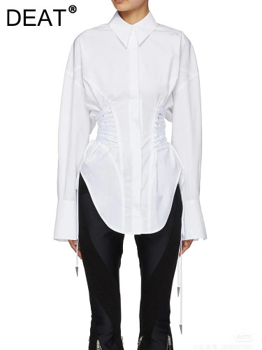 DEAT Fashion Women's Waist Multiple Drawstrings Shirt Lapel Loose Single Breasted Long Sleeves Black Blouse Autumn 2024 New