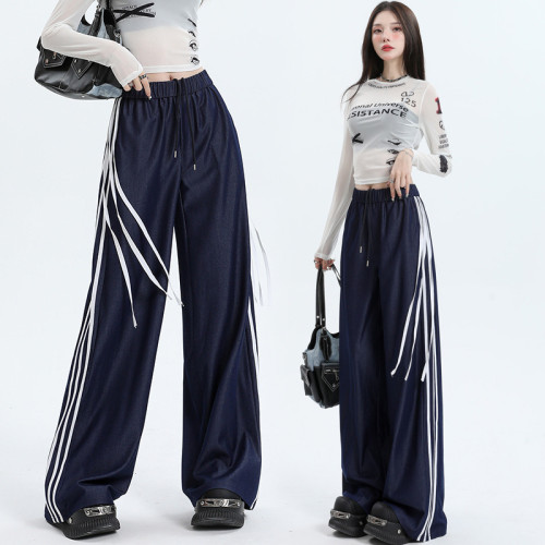 {EAM} Autumn and winter new long wide-leg pants 2024 women's three bars design sense fringe moped pants loose casual pants DLZ270
