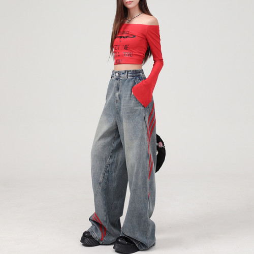 {EAM} Autumn and winter straight leg high-waisted jeans women loose trend three bars design sense personality hanging wide-leg pants DLZ278