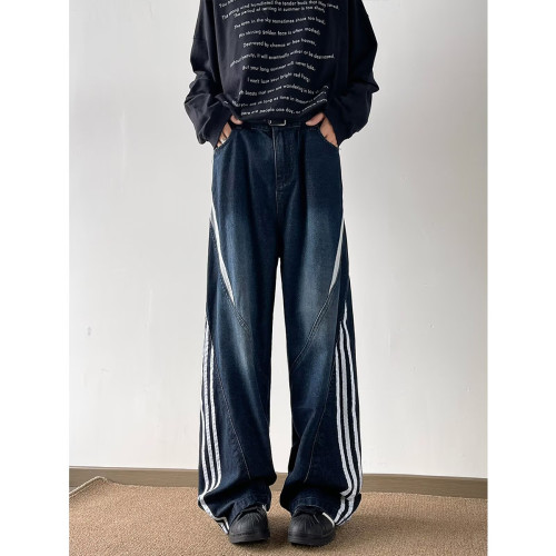 {EAM} Vintage three-bar splicing jeans men's niche fashion brand design pants American straight leg micro-cropped pants DLZ275