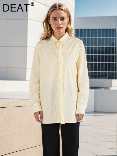 DEAT Fashion Women's Tie Shier Lapel Loose Irregular Single Breasted Long Sleeves Apricot Blouse Autumn 2024 New Tide CPDB331